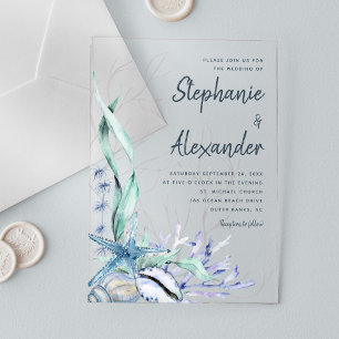 Modern Beach Blue Waterverf Wedding Acryl Uitnodigingen