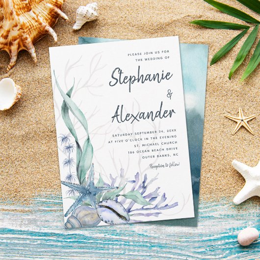 Modern Beach Blue Waterverf Wedding Kaart