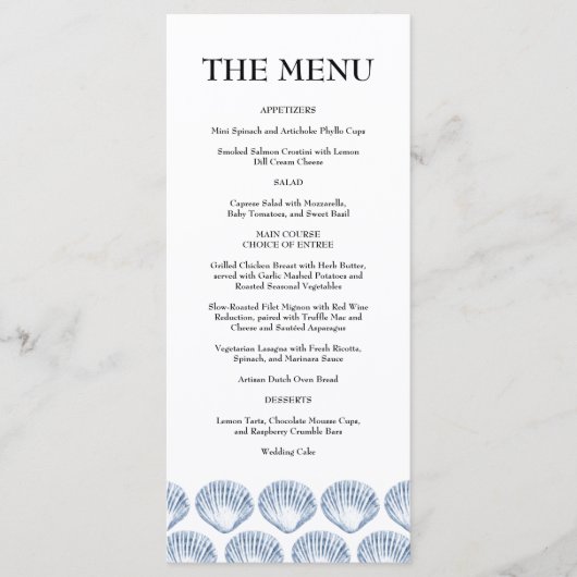 Modern Beach Coastal Watercolor Wedding Blue Menu (Voorkant)
