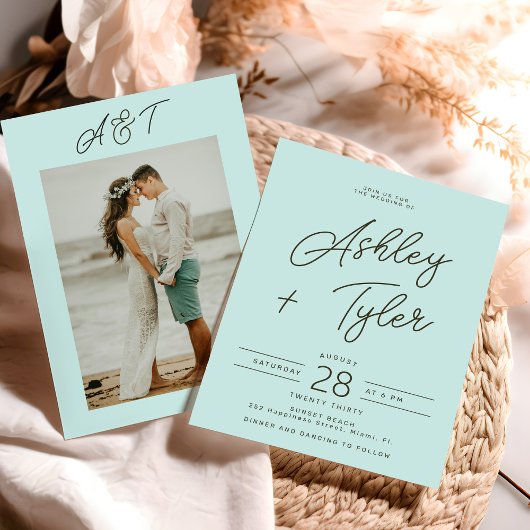 Modern beach destination photo wedding kaart