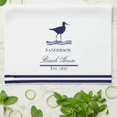 Modern Beach House Wit Marine Blauwe Sandpipers Theedoek (Gevouwen)