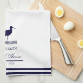 Modern Beach House Wit Marine Blauwe Sandpipers Theedoek (Quarter Fold)