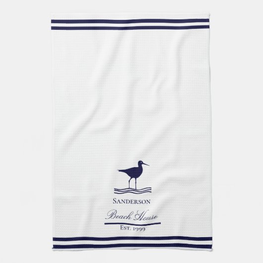 Modern Beach House Wit Marine Blauwe Sandpipers Theedoek (Verticaal)