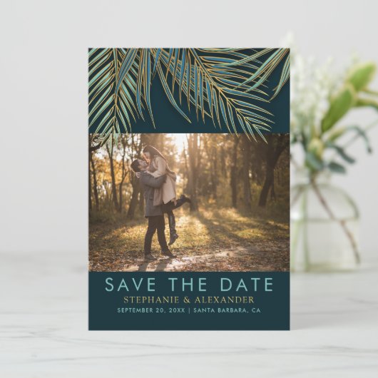 Modern Beach Palm Gold Blauwgroen groen tropisch h Save The Date (Staand voorkant)