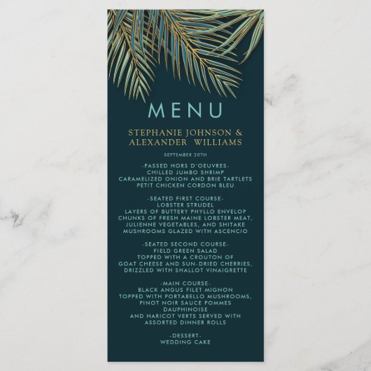 Modern Beach Palm Gold Blauwgroen Tropische bruilo Menu (Voorkant)