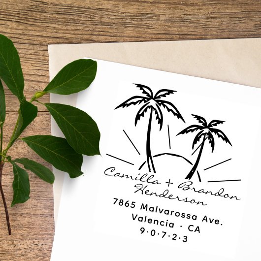 Modern Beach Palm Trees Sun Custom Return Address Rubberstempel