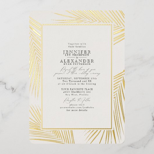 Modern Beach Palm Wedding Ivory Gold Folie Uitnodiging (Voorkant)