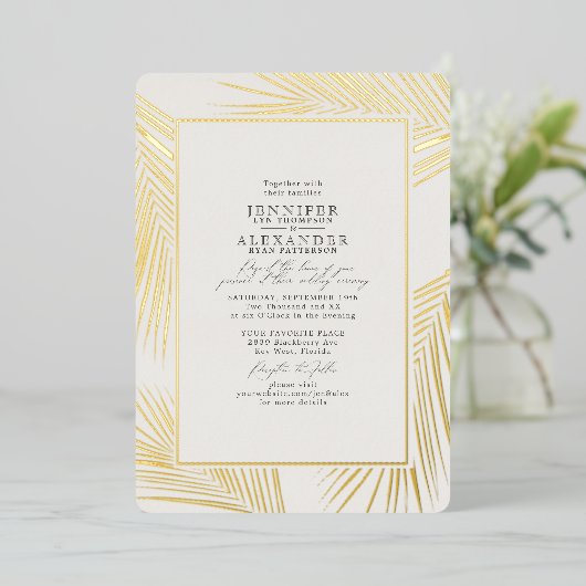Modern Beach Palm Wedding Ivory Gold Folie Uitnodiging (Staand Voorkant)