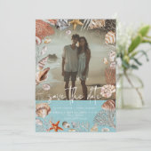 Modern Beach Seashell Lijst Foto Aqua Bruiloft Save The Date (Staand voorkant)