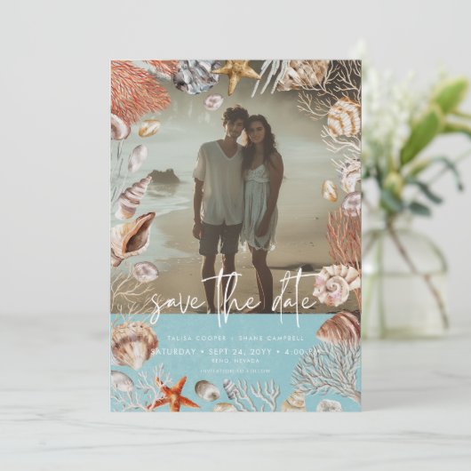 Modern Beach Seashell Lijst Foto Aqua Bruiloft Save The Date (Staand voorkant)