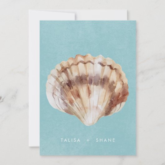 Modern Beach Seashell Lijst Foto Aqua Bruiloft Save The Date (Achterkant)