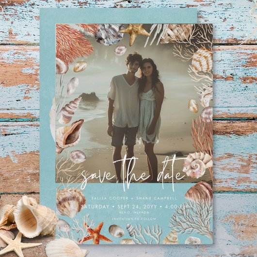 Modern Beach Seashell Lijst Foto Aqua Bruiloft Save The Date