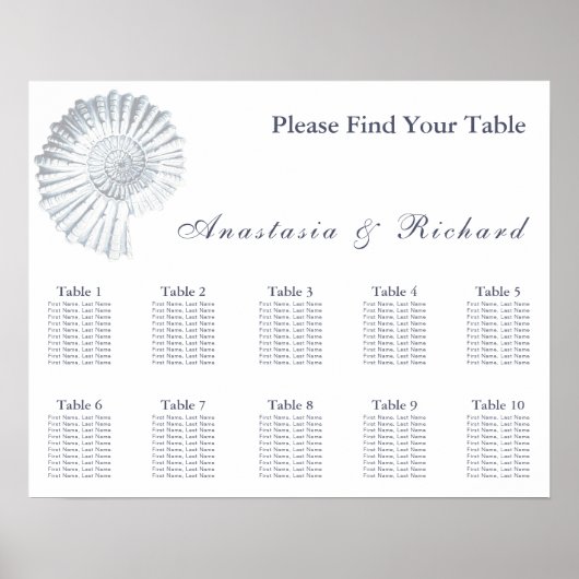 Modern Beach Shell 10 Table Wedding Seating Chart Poster (Voorkant)