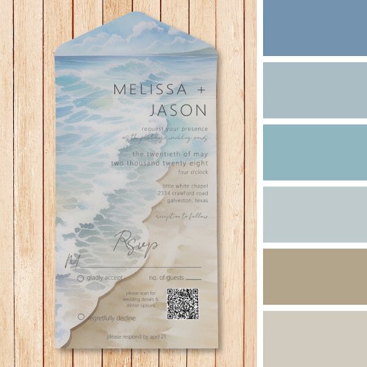Modern Beach Shoreline Coastal QR Code All In One Uitnodiging