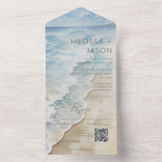 Modern Beach Shoreline Coastal QR Code All In One Uitnodiging (Binnen)