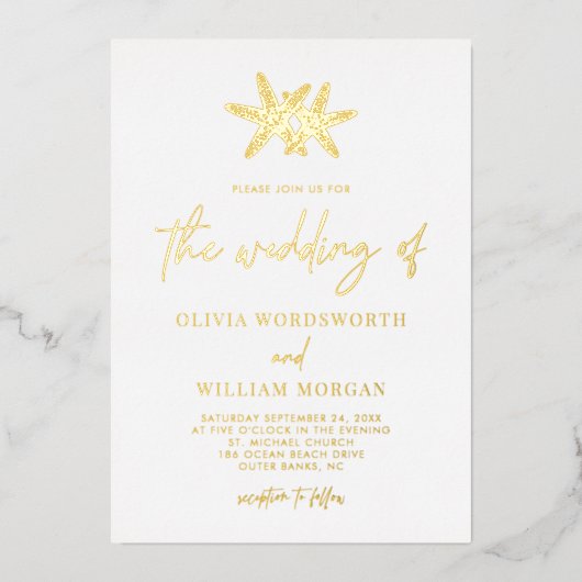 Modern Beach Starfish Coastal Script Weddenschap Folie Uitnodiging (Voorkant)
