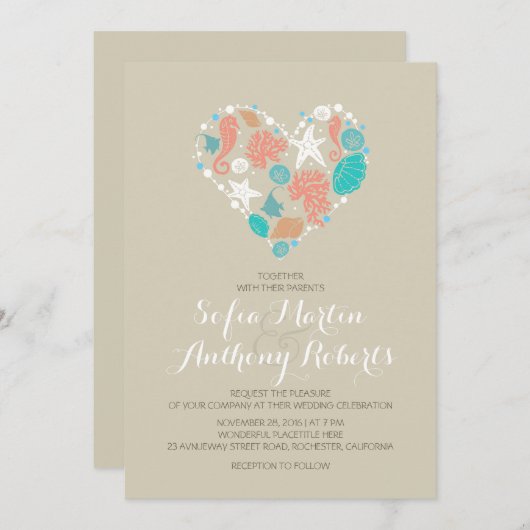 Modern Beach Uitnodiging zee Hart (Voorkant / Achterkant)