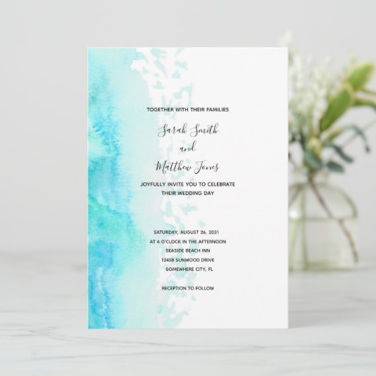 Modern Beach Waterverf Design Wedding Invitation Kaart (Staand voorkant)