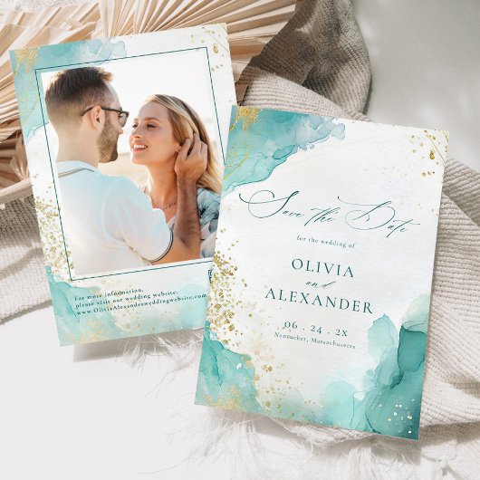 Modern Beach Wedding Teal Gold Abstract Photo Save The Date