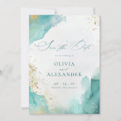Modern Beach Wedding Teal Gold Abstract Photo Save The Date (Voorkant)