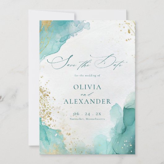 Modern Beach Wedding Teal Gold Abstract Photo Save The Date (Voorkant)
