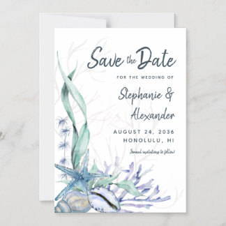 Modern Beach Wedding Waterverf Blauw Save the Date Magnetische Uitnodiging