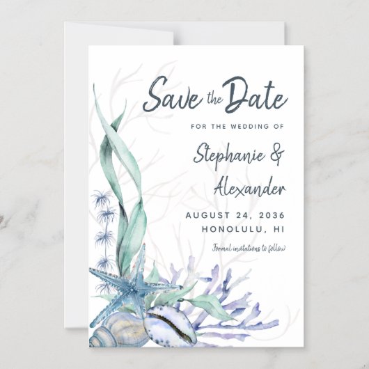 Modern Beach Wedding Waterverf Blauw Save the Date Magnetische Uitnodiging (Voorkant)