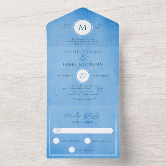 Modern Beachy Ocean Blue Summer Wedding All In One Uitnodiging (Binnen)