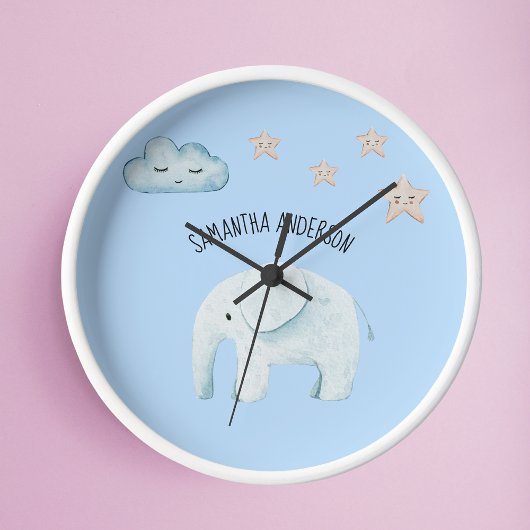 Modern Beauty Pastel Blue Elephant & Stars Kind Ronde Klok