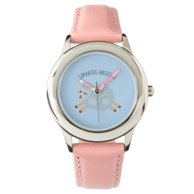 Modern Beauty Pastel Blue Sheep And Kid Name Horloge (Voorkant)