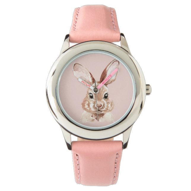 Modern Beauty Pastel Pink Waterverf Bunny Lovely Horloge (Voorkant)