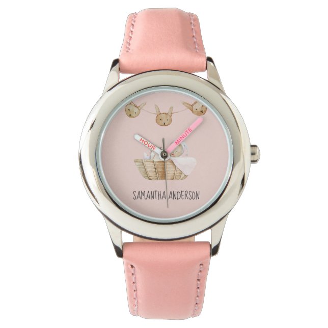 Modern Beauty Pastel Roze Kind Naam Horloge (Voorkant)