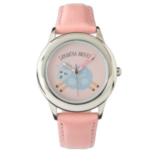 Modern Beauty Pastel Roze Schaap en Kind Naam Horloge