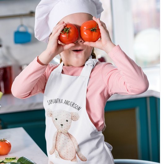 Modern Beauty Pastel Roze Teddy Bear met naam Kinder Schort