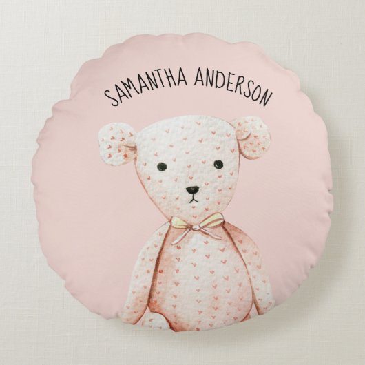 Modern Beauty Pastel Roze Teddy Bear met naam Rond Kussen (Voorkant)