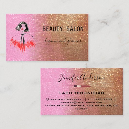 Modern Beauty Salon Glitter Gold Pink Visitekaartje (Voorkant / Achterkant)