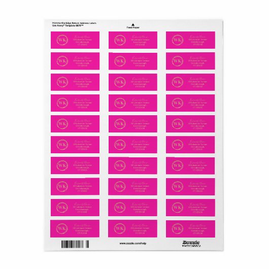Modern Bedrijfs Monogram Heet Roze Terugkeeradres Etiket (Full Sheet)