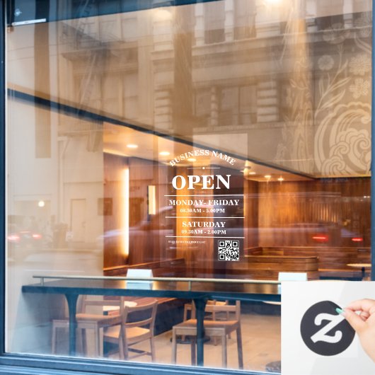 Modern bedrijfs openingsuren logo en QR-code Raamsticker (Cafe Raam)