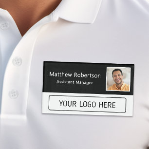 Modern bedrijfslogo zwart personeelsfoto naambadge