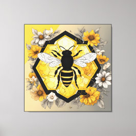 Modern Bee on Honeycombe in Yellow and Black Canvas Afdruk
