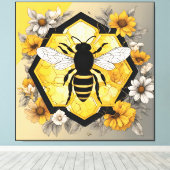 Modern Bee on Honeycombe in Yellow and Black Canvas Afdruk (Insitu (Houten vloer))