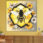 Modern Bee on Honeycombe in Yellow and Black Canvas Afdruk (Insitu (Woonkamer))