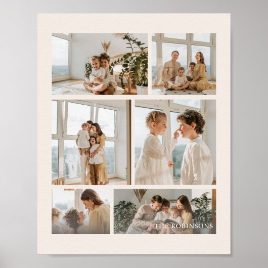 Modern Beige 6-Photo Family Name Poster (Voorkant)