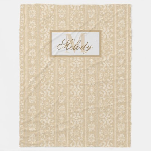 Modern Beige and Cream Floral Damask Monogrammed Fleece Deken (Voorkant)