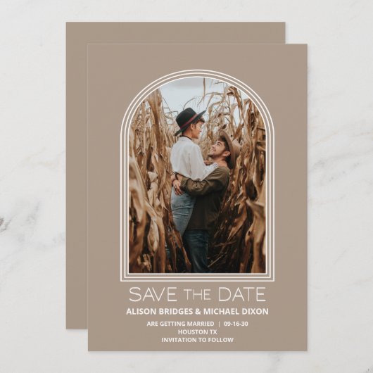 Modern Beige Arch Photo Wedding Save the Date (Voorkant / Achterkant)