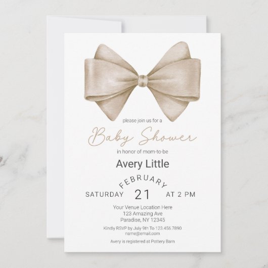 Modern Beige Bow Baby shower Kaart (Voorkant)