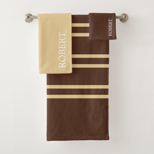 modern Beige &Brown Stripes Pattern Custom Name Bad Handdoek (Insitu)