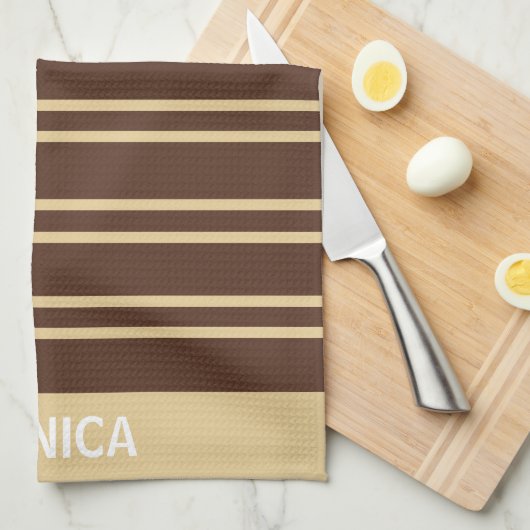 modern Beige &Brown Stripes Pattern Custom Name Theedoek (Quarter Fold)