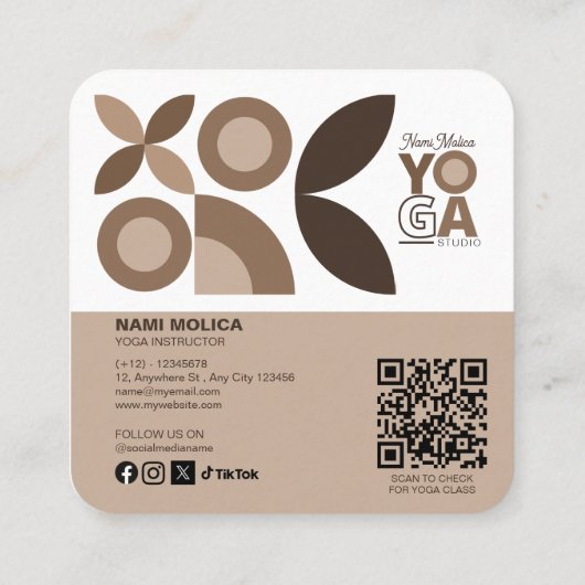 Modern Beige Bruin Patroon Yoga Studio Vierkante Visitekaartje (Achterkant)