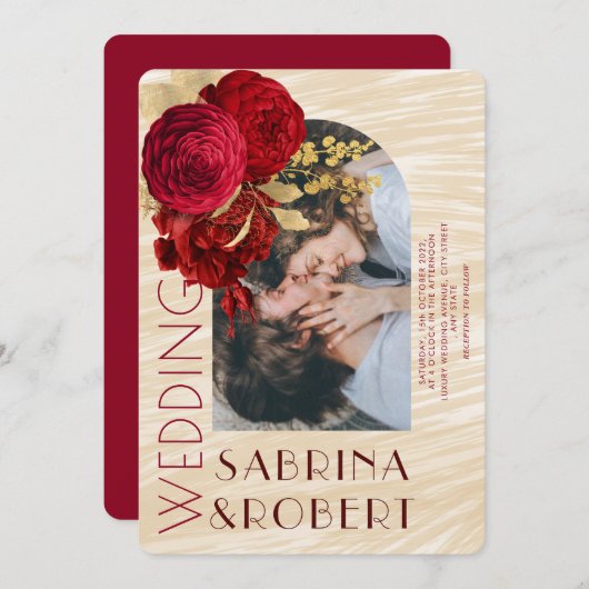 Modern Beige Burgundy Floral Arch Photo Wedding Kaart (Voorkant / Achterkant)